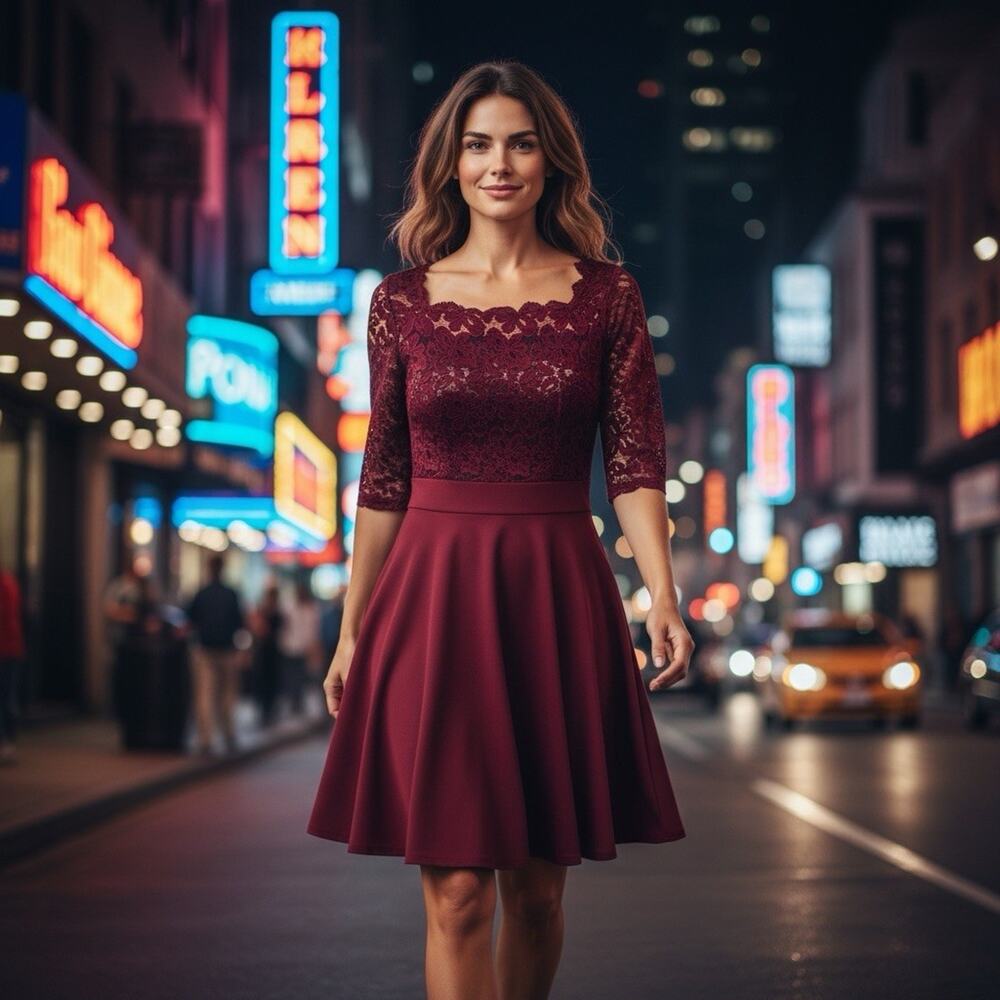 Missmay Burgundy Lace Dress Large Fit Flare Cocktail Party Wedding Guest